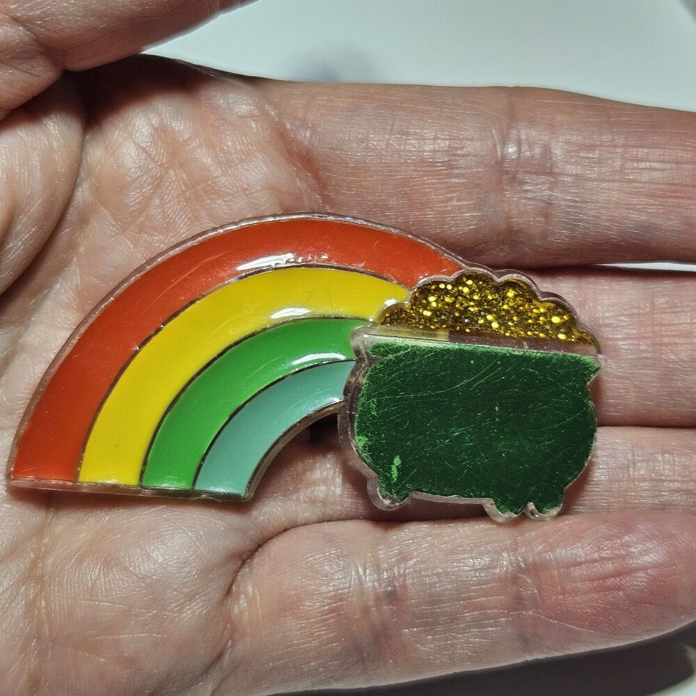 Pot Of Gold At End Of Rainbow Lapel Pin Plastic Size Vintage By Hallmark 1982